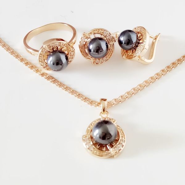 

new fashion jewelry set luxury black pearl 585 gold jewelry trendy simulated-pearl women wedding earring and ring sets, Silver