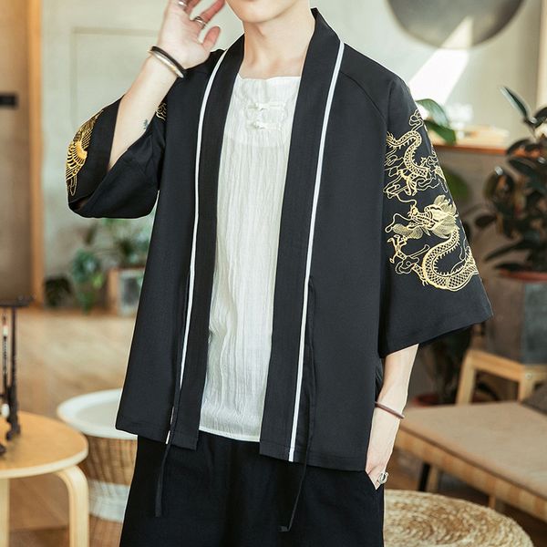 

куртка человек черный китайский стиль три четверти рукава printting золотой дракон pattern casual сыпучие 2020 лето, Black;brown