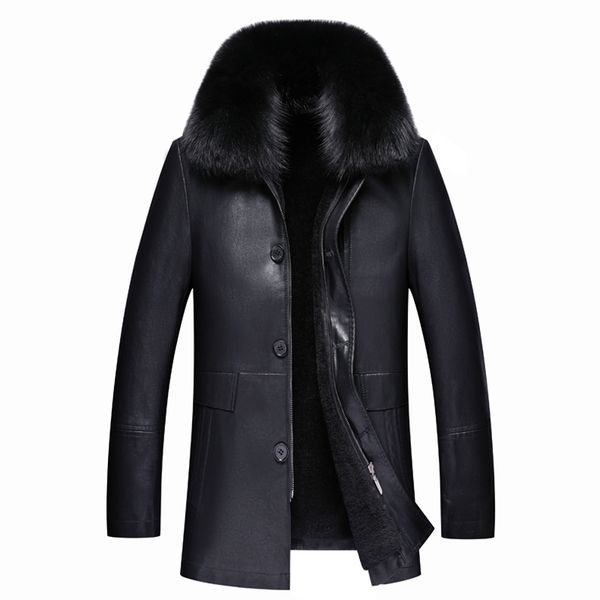 

30 degree warm leather jacket for fur collar one winter jacket new men's winter fashion thick warm leather, Black