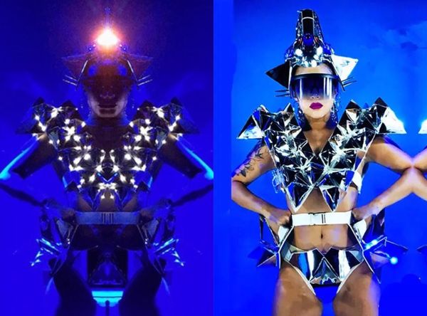 

Nightclub women mirror armor led luminou headdre lady mirror bikini dance uit pace tar tage performance co tume