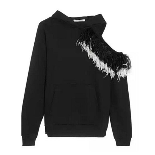 

2016 spliced feather single off shoulder sweatshirt new women asymmetric hooded pullover hoodies casual jumper sweats black