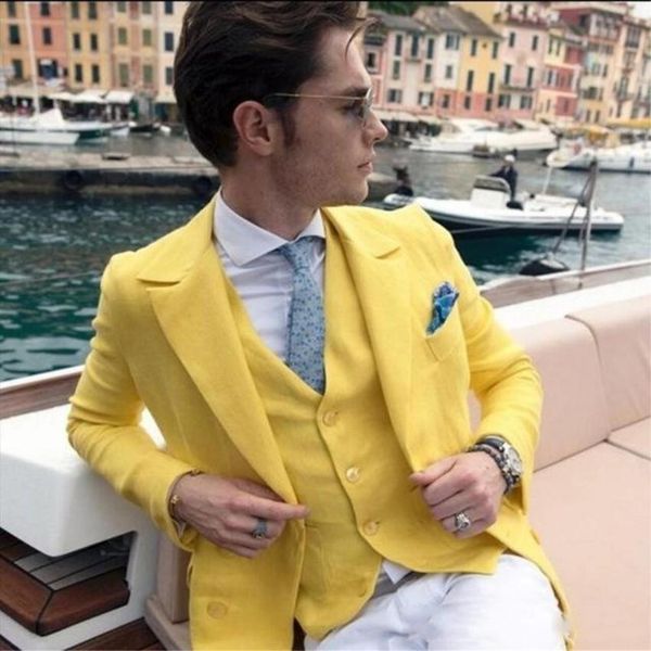 

fashion yellow groom tuxedos notch lapel slim fit mens wedding tuxedos man jacket blazer fashion 3piece suit(jacket+pants+vest, White;black