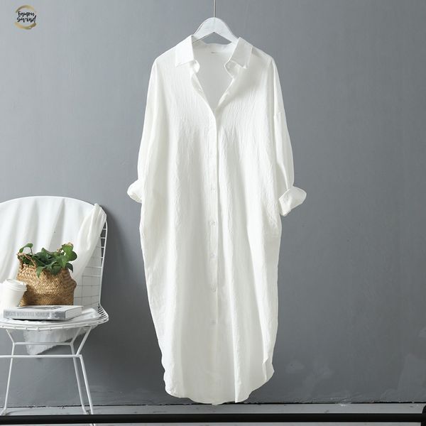 

korean casual white blouse women side pocket design spring autumn ladies long sleeve linen plus size long shirts