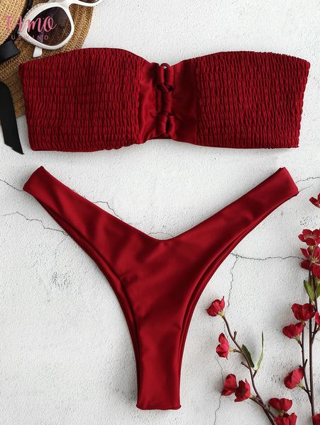 

micro bikini 2020 women off shoulder bandeau solid pleat push up swimsuit monokini brazilian bathing suit thong swimwear, White;black