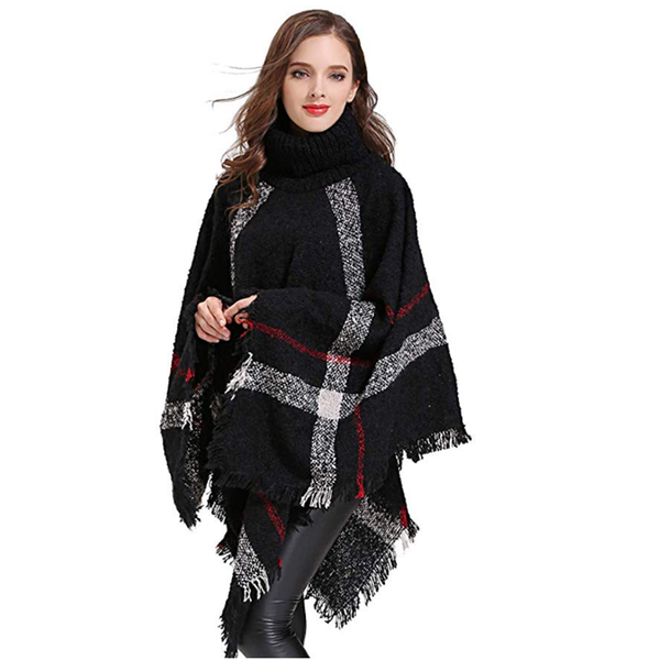 

women outdoor sports scarf shawl, boho loose tassel plaid poncho turtleneck jumper knit oversized pullover sweater d40t, Blue;black