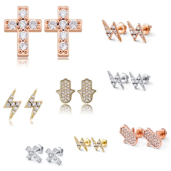 9 Stile für Optionen Ohrstecker aus 925er-Sterlingsilber mit vergoldetem Iced-Out-CZ-Cluster-Zirkonia-Lichtkreuz mit Schraubverschluss für Männer und Frauen