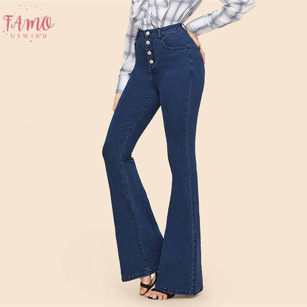 

blue button up flare hem jeans woman long denim trousers vintage pants capris 2019 acetate fall mid waist stretch women jeans