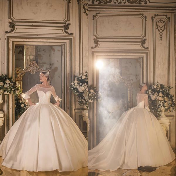 

luxury ball gown wedding dresses scoop 3/4long sleeves lace satin bridal gowns 2020 arabic church wedding dress vestido de novia, White