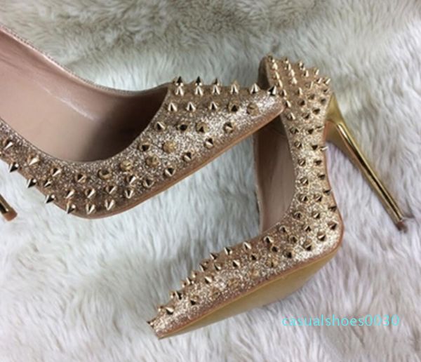 

new type gold sequins pointed rivet shallow mouth fine heel women high heel bride wedding shoes 8cm 10cm 12cm red bottom large size 44 30c, Black