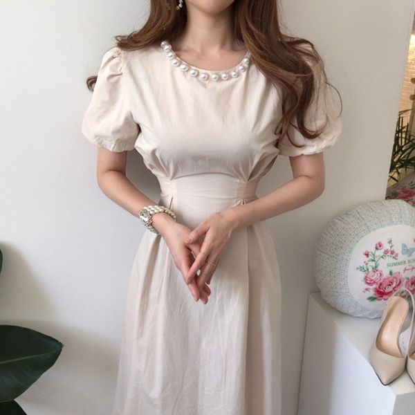 

eqw] 2020 summer retro round neck lace-up waist slimming puff sleeve dress chic simple casual ladies apricot robe midi dresses, Black;gray