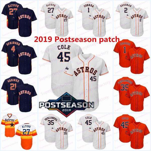 

2019 Postseason patch Jerseys 27 Jose Altuve 4 George Springer 2 Alex Bregman 35 Justin Verlander 45 Cole 1 Correa 21 Greinke Astros Jersey