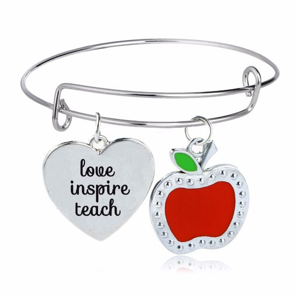 

12pc/lot teacher's day gift heart apple charms bangle love inspire teach bracelet teacher jewelry for women men teachers bangles, Black