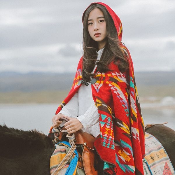 

big national style female autumn cloak shawl coat shawl sunscreen cotton linen hat cloak coat, Red;brown