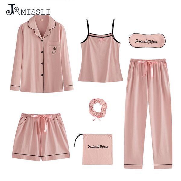 

jrmissli pink sleep pyjamas women pajamas pajamas sets woman cotton pijamas sleepwear set 7 pieces home clothes, Blue;gray