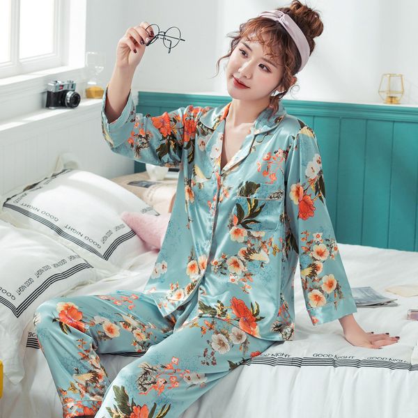 

весна осень пижамы женский ice шелковый длинными рукавами брюки костюм цветок комфортная главная одежда пижамы для женщин pijama mujer, Black;red