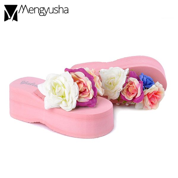 

summer pearl flipflops women colorful big flower beach sandals ladies platform height increase slippers thick heels slides, Black