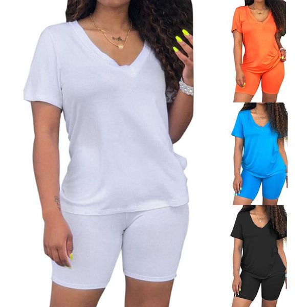 

women tracksuit 2 piece set solid short sleeve crop t-shirt short pants suit matching set female joggers sportwear fitness, White