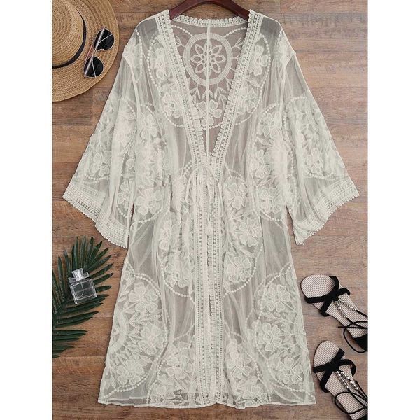 2019 Zaful Embroidered Sheer Swimsuit Cover Up See Through Lace Bikini Cover Up Women Tunic Robe De Plage Beach Cover Up Cardigan J190623 From