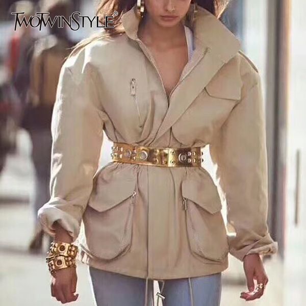 

twotwinstyle summer solid jacket for women lapel collar long sleeve zipper with sashes tunic coat female fashion clothes 2019, Black;brown