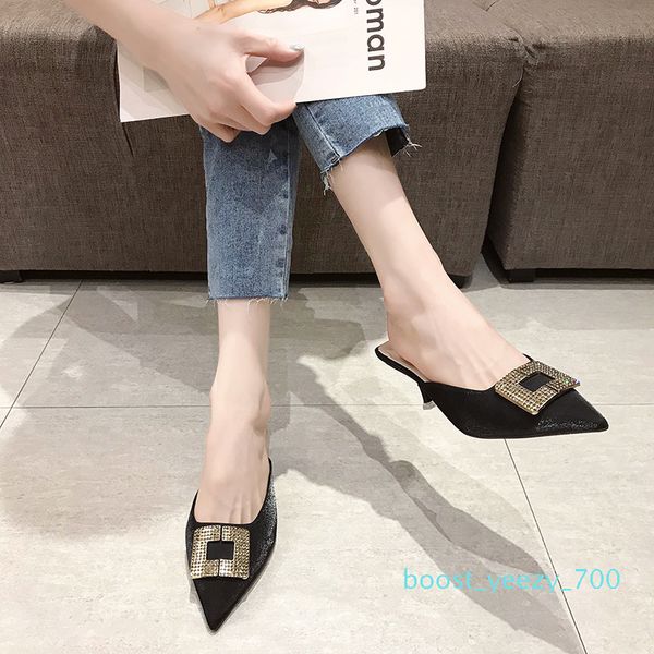 

crystal buckle high heel slippers women silk mules shoes summer fashion thin heel sandals women shiny pointed toe slippers b70, Black