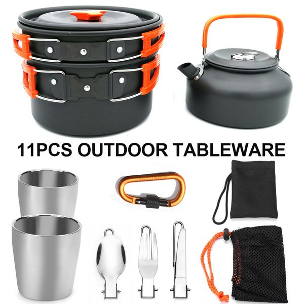

11pcs travel spoon cookware kettle cup pot set camping tableware mess kit carabiner for camping trekking picnic travel tableware