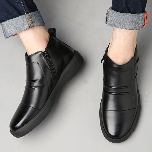 

genuine leather chelsea boots men winter boots 2019 warm plush for cold winter male footwear cow leather men ankle boots a1870, Black