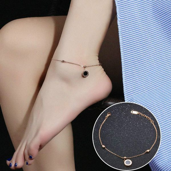 

oumart anklet new japanese and korean fashion compact temperament roman numerals rose gold round cake color gold anklet, Red;blue
