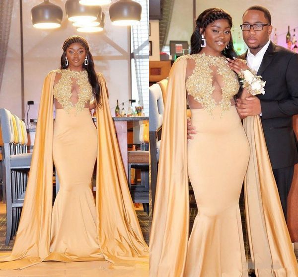 

modest mermaid prom dresses with cape lace applique jewel illusion bodice beaded sweep train custom made african girl evening formal gowns, Black