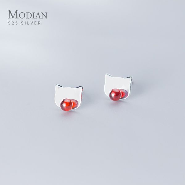 

modian red crystal simple cute cat stud earring for women genuine 925 sterling silver fashion animal ear pin fine jewelry gift, Golden;silver