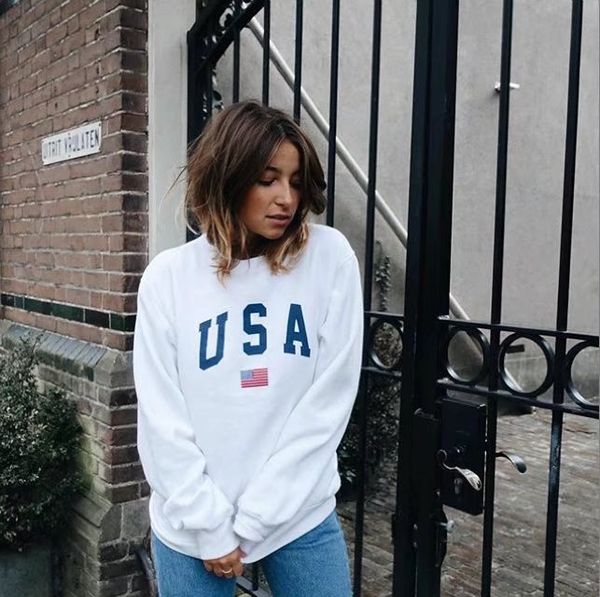 

o-neck usa letters print sweatshirt pullovers long sleeves fashionable hoody loose cotton sweatshirts spring autumn harajuku new, Black