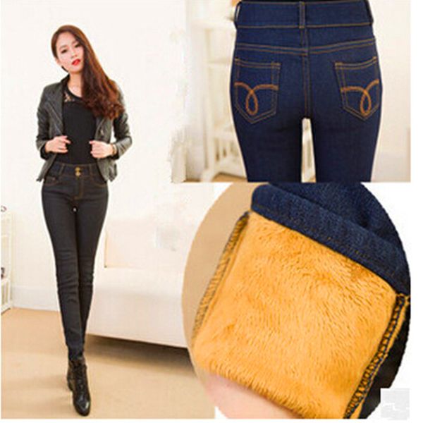 

wkoud 2019 winter jeans women gold fleeces inside thickening denim pants high waist warm trousers female snow jeans pants p8018, Blue