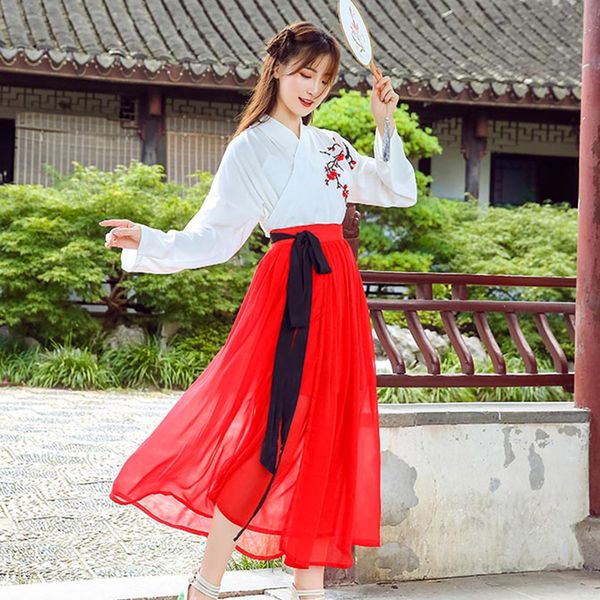 

hanfu дамы традиционной древние китайские вышитого белый топ красной юбка китайская scholar костюм женщина сценическая одежда носите dn3286, Black;red