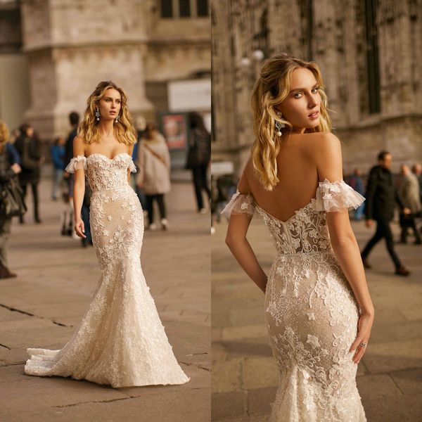 Berta vestidos de casamento Alças 3D Lace apliques Beads lantejoulas sereia vestidos de noiva 2020 Backless do vestido de casamento Robe De Mariee