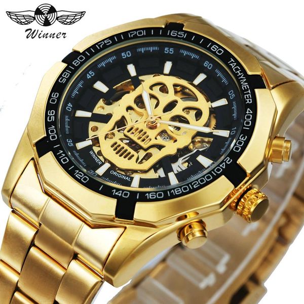 

winner new fashion mechanical watch men skull design brand luxury golden stainless steel strap skeleton man auto wrist watch, Slivery;brown