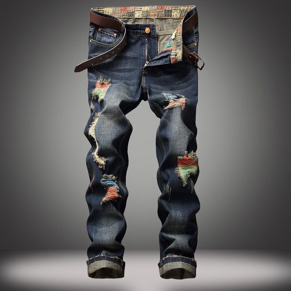 

brand denim designer hole jeans ripped for men size 28-42 2020 autumn winter plus velvet hiphop punk streetwear, Blue