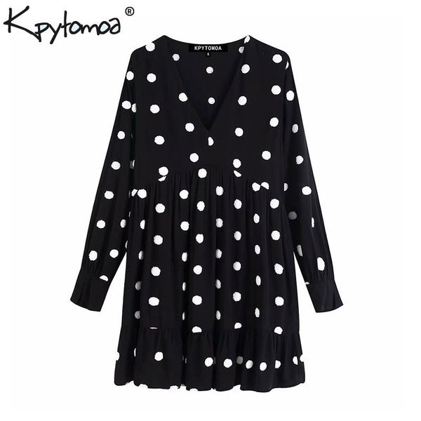 

vintage стильный вышитые горошек оборками платье мини женщин 2020 мода v шеи длинным рукавом шикарные платья vestidos mujer, Black;pink