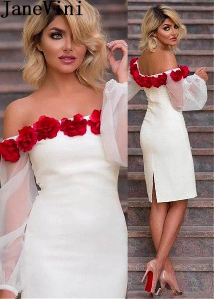 

janevini beige vintage cocktail dress short party dresses with red handmade flowers sheer long sleeve knee length formal gowns, White;black