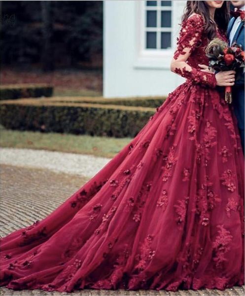 Arábia casamento árabe do laço da flor 3D Vestidos pura tripulação 2019 completa mangas Burgundy Vintage frisada muçulmana vestidos de noiva Robe De Mariee