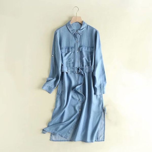 

autumn casual denim trench coat women belt pocket long sleeve light blue long coat, Tan;black