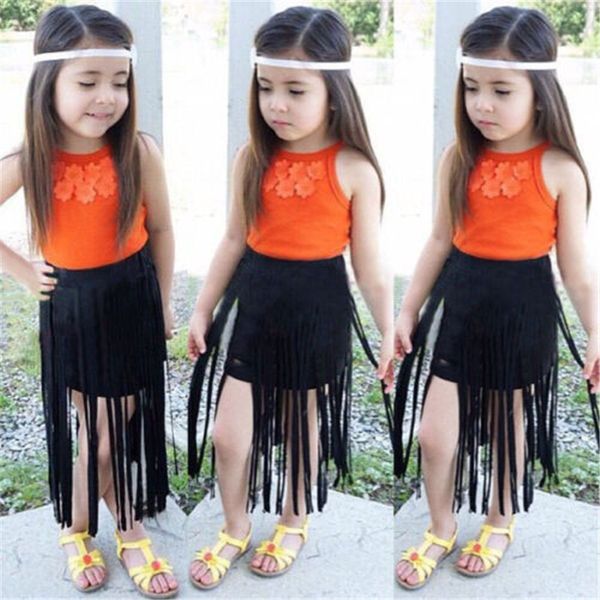 

2019 summer female treasure clothes 2 sets of children's clothing boho flower + fringed dress, Red;yellow
