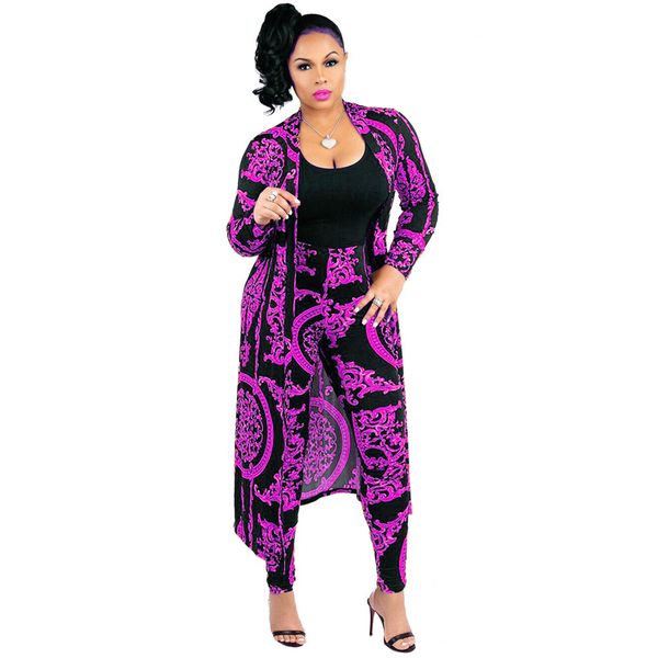 

women fashion two piece pants printed long cardigans 2 piece outfits long sleeve coat and trousers set, White