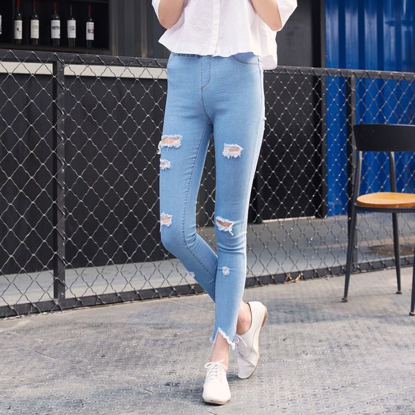 

korean casual women brand vintage skinny denim jeans slim ripped pencil jeans hole pants female girls trousers a248, Blue