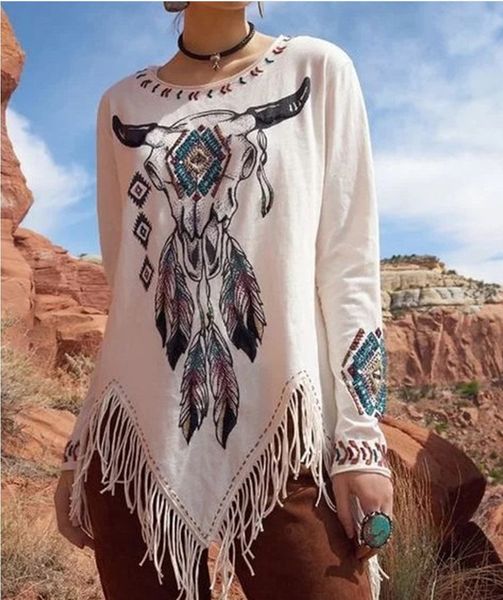 

crewneck кисточкой печатных футболка с длинным рукавом, White