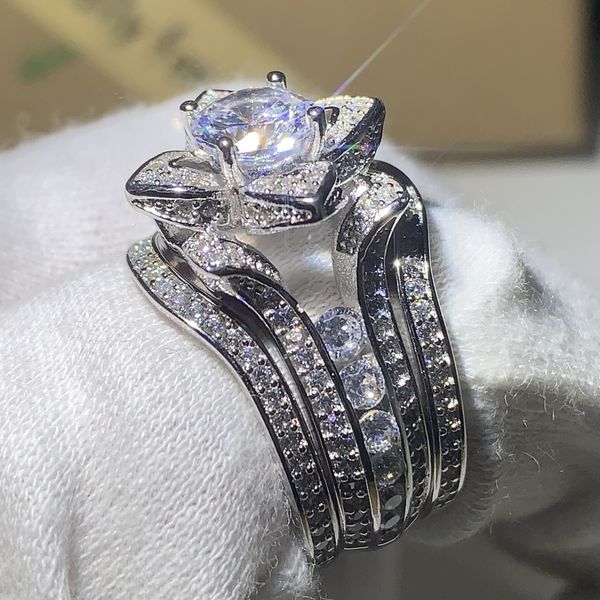 

wholesale- brand new vintage fashion jewelry 925 sterling silver round cut white z cz diamond 3pcs eternity women wedding band ring gift, Slivery;golden