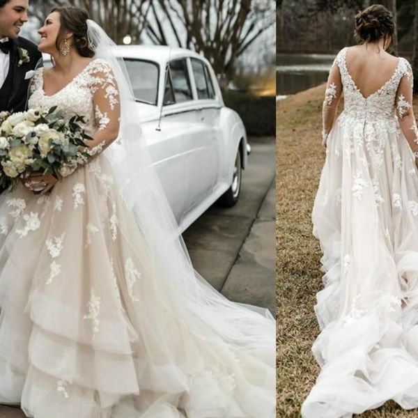 

2020 arabic aso ebi lace wedding dresses deep v-neck long sleeves bridal dress plus size wedding gowns, White