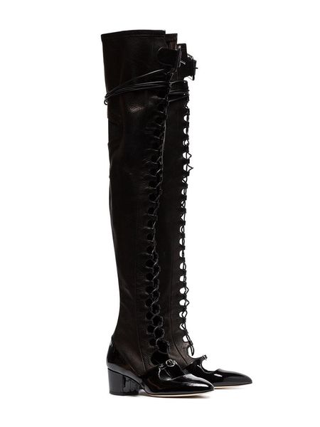 

sestito 2019 woman lace-up side zipper over-the-knee boots girls cut-outs sandals boots ladies round toe chunky heels shoes, Black