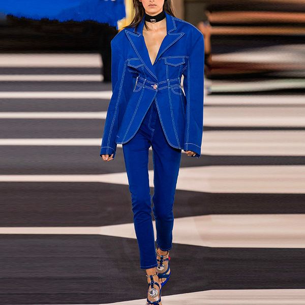 

2020 fashion runway blazer jacket feminino women's clothes single button denim blazer coat mujer chaqueta, White;black