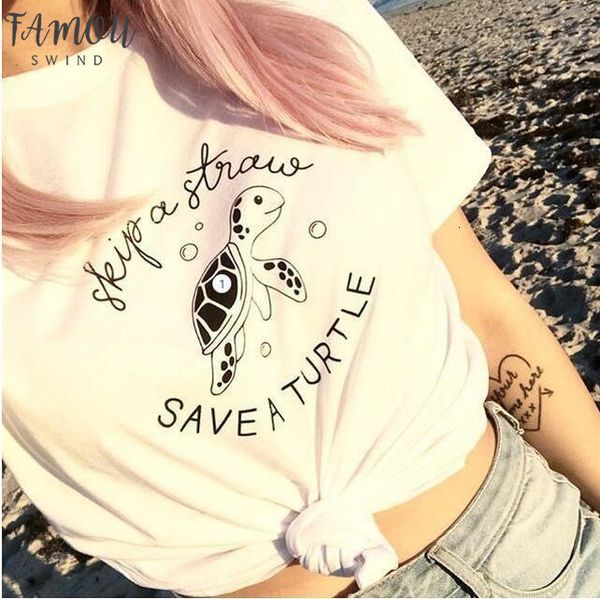

skip a straw save a turtle graphic women tshirt sea protect slogan t shirt grunge crewneck women t shirt summer tees streetwear, White