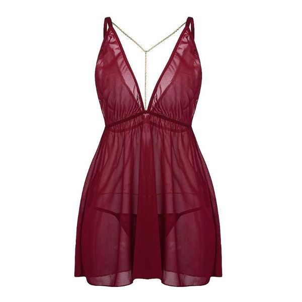 

women nightdress lace metal chian deep v-neck backless nightdress women lingerie underwear sleepwear 2020 new z0601, Black;red