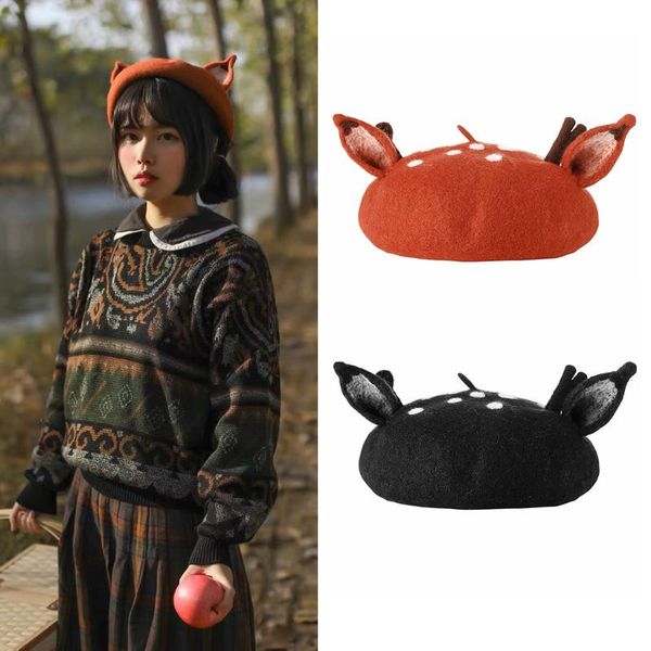 

women christmas beret cap cute 3d reindeer antler ears faux felt painter hat klv 2019 new fashion, Blue;gray
